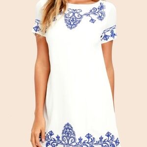 Tale to Tell Blue and Ivory Embroidered Shift Dress